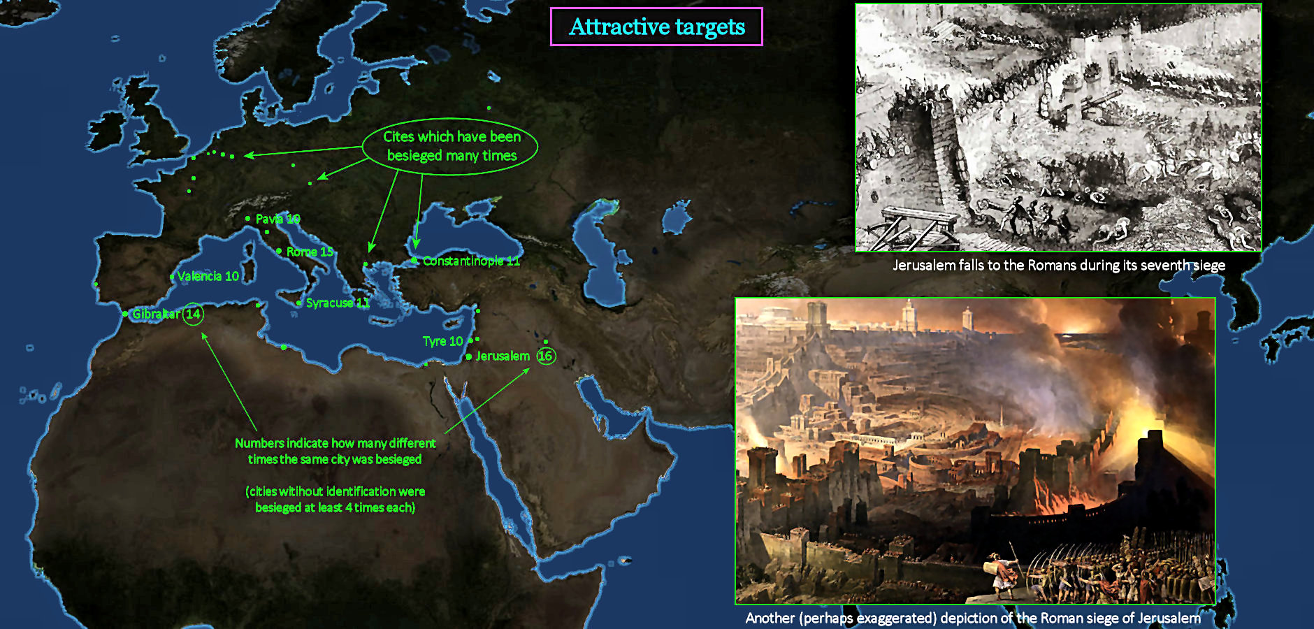 Cities with most sieges, map